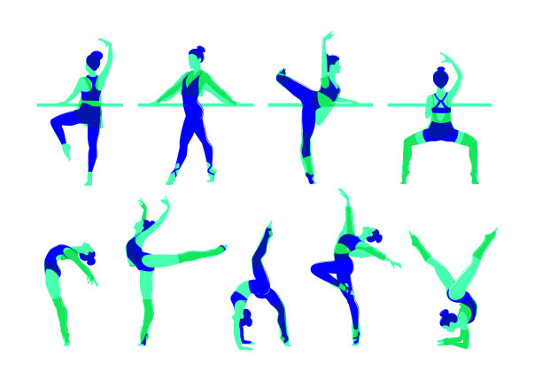 女人的活动。套装女性做运动、瑜伽、舞蹈、跑步、慢跑、跳高、健身。运动妇女矢量平面插图孤立在不同姿态的白色背景-矢量图片下载