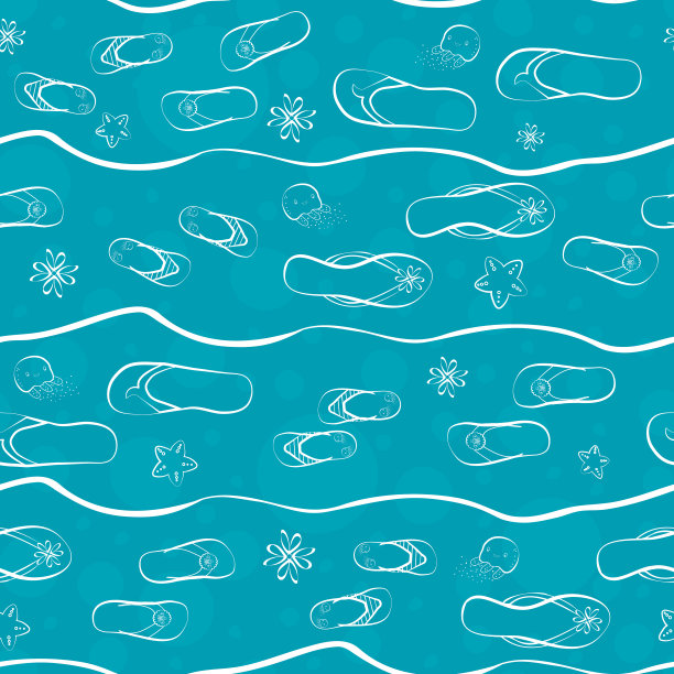 翻转鞋无缝矢量模式。手绘轮廓风格与波浪，水母，海星和透明泡沫背景在白色和蓝色。家庭暑期度假概念。图片下载