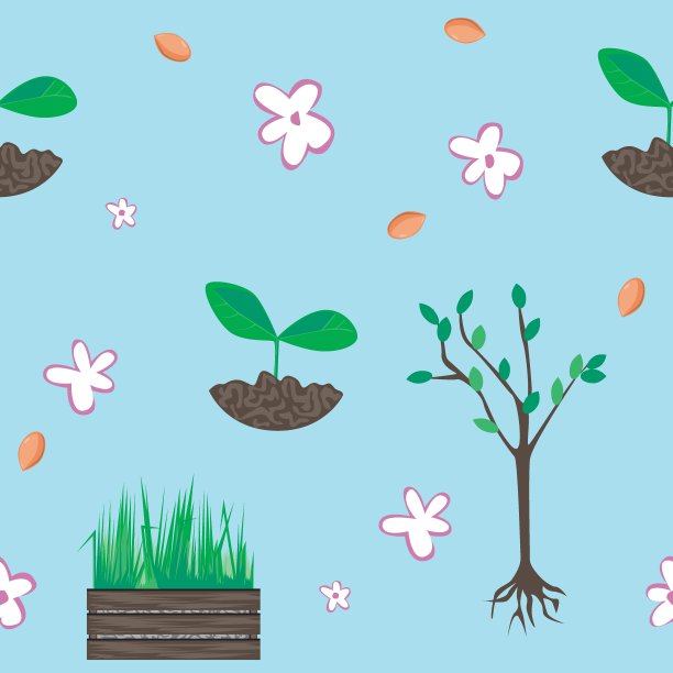 一个无缝的草坪图案，草和树木与绿色的叶子在蓝色的背景，一个平面矢量股票插图作为背景或墙纸在春天的花园图片下载