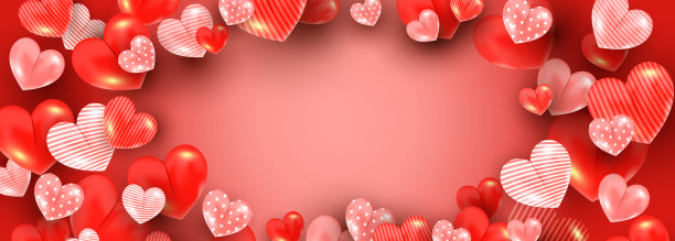 贺卡模板与文本的地方。在红色背景的空气中有许多红色的心形装饰。图片下载