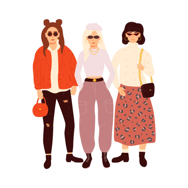 一群穿着时髦衣服的可爱女人。矢量插图。图片下载