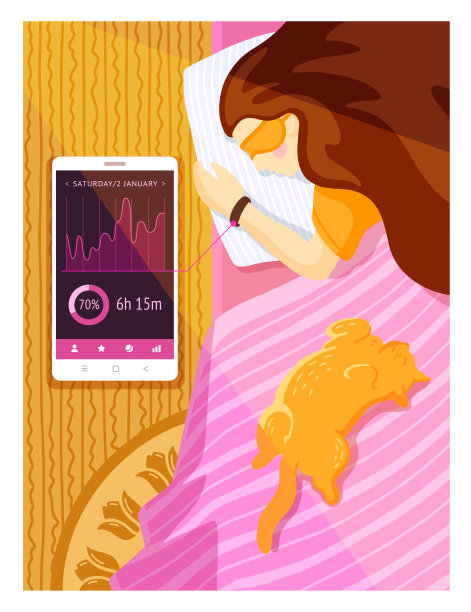 睡眠控制和健康睡眠的概念。一个女人睡在床上，在早晨的太阳和红猫躺在附近。图片下载