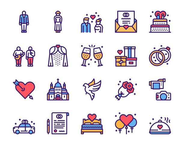 婚礼颜色线性向量图标集。永远爱你的图片下载