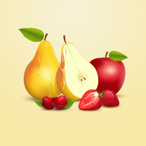 矢量图的水果。成熟的梨子，甜的草莓，成熟的苹果，红的樱桃，夏日的清新图片下载