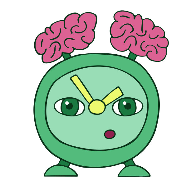 绿色的旧闹钟，头上有一个大脑，而不是一个铃铛。聪明的手表。卡通孤立股票矢量插图图片下载