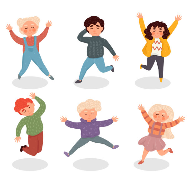 矢量插图与简单的平面字符-快乐微笑的孩子一起玩和跳跃-儿童聚会邀请或贺卡设计模板图片下载