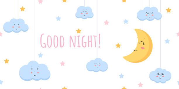 可爱的天空模式。无缝矢量设计与微笑，睡眠月亮，星星和云。宝贝说明。图片下载
