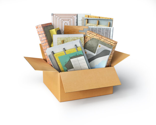 装修元素堆放在一个盒子里，3d插图图片下载