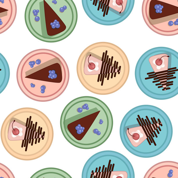 彩色蛋糕切片与浆果和糖霜在盘子无缝模式。矢量背景纹理平铺图像图片下载