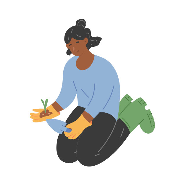 年轻女子在花园里劳作，女性人物坐在膝盖上种植幼苗。向量现代手绘卡通插图可爱的女孩园丁。图片下载