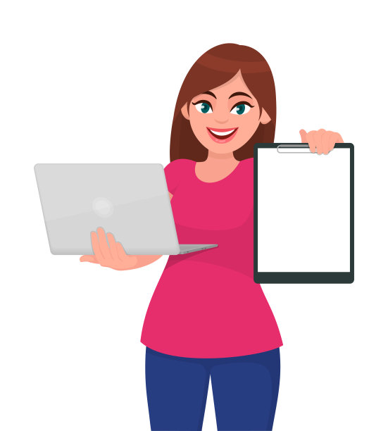时髦的年轻女子拿着笔记本电脑和空白剪贴板。用数码设备显示白色文件、文件或纸张的时尚女孩。女性角色设计插画。矢量动画风格。图片下载