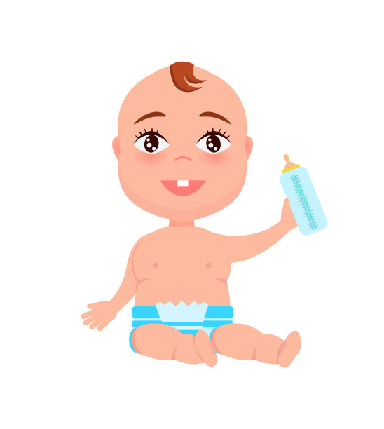 快乐的婴儿在尿布拿着奶瓶图片下载