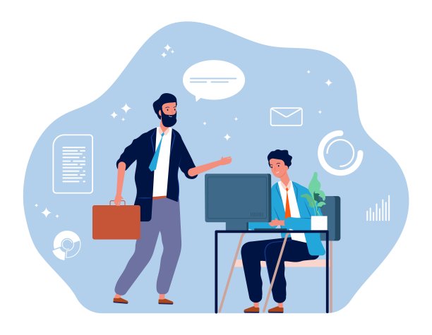 电脑工作者。年轻的商人，办公室经理。工作过度的人。IT、营销或发展男性矢量性格素材图片