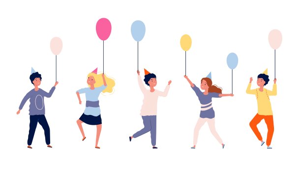 快乐的孩子。一群拿着气球的孩子。生日聚会、节日或狂欢节。孤立的青少年角色矢量插图素材图片