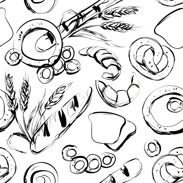 其中无缝隙背景面包，卷饼，椒盐卷饼，百吉饼，小麦小穗，黑麦小穗。图片下载