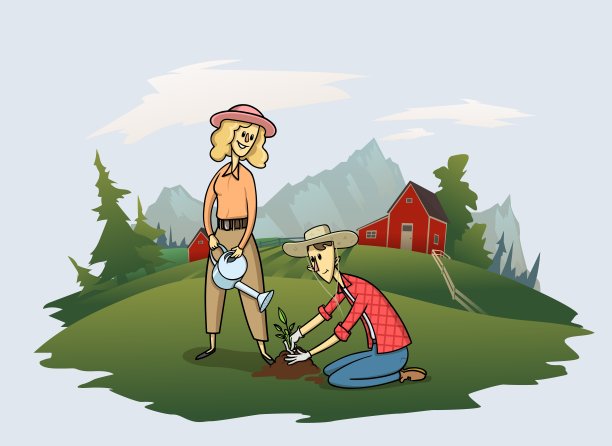 年轻的家庭在农场，有趣的卡通人物在草地上工作与树木和山景的背景。平面向量插图。图片下载