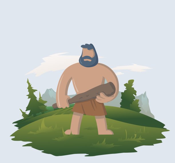 野人拿着球棒站在树林里。平面向量插图。图片下载