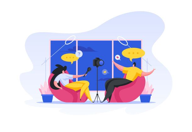 视频博客采访拍摄。平面卡通人物矢量插图图片下载