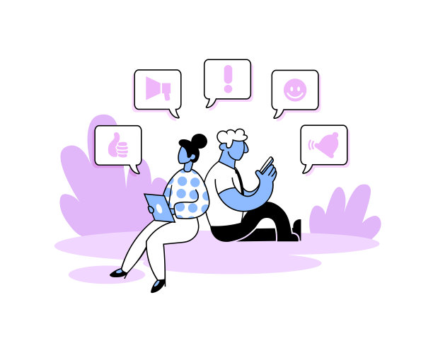 沉迷于社交网络，沉迷于社交媒体。一对年轻夫妇背靠背坐着，身边飘着各种信息和泡泡。平面向量插图。孤立在白色背景上。图片下载