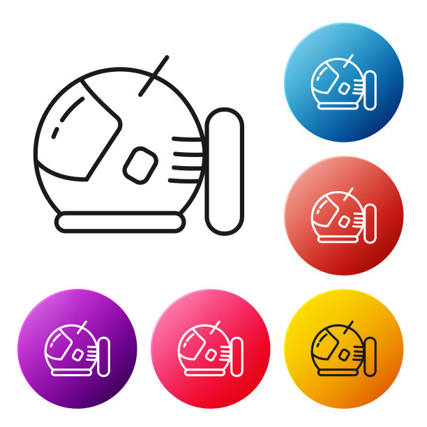 黑线宇航员头盔图标孤立在白色背景。设置彩色圆形按钮图标。矢量图图片下载