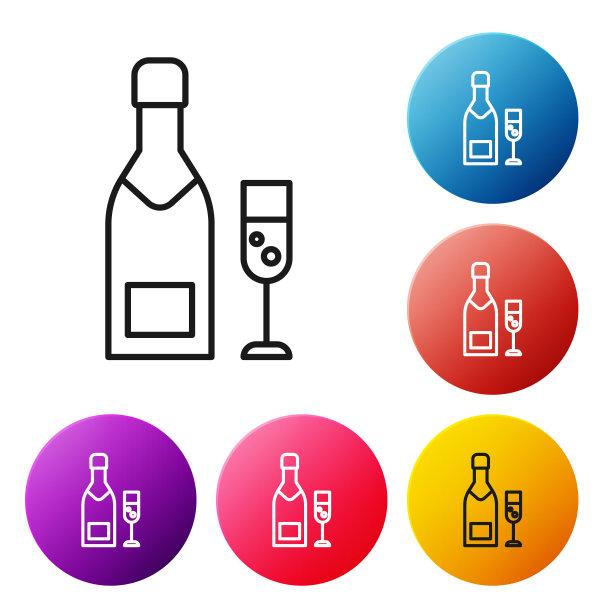 黑色线条香槟瓶和香槟酒杯图标，白色背景，圣诞新年快乐彩色圆圈按钮矢量图图片下载