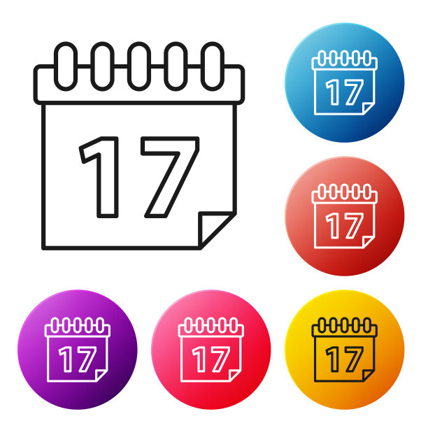 黑线圣帕特里克节与日历图标孤立在白色背景。日期3月17日。设置彩色圆形按钮图标。矢量图图片下载