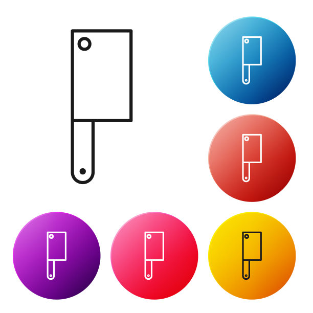 黑线肉菜刀图标孤立在白色背景。菜刀用来切肉。切肉刀。设置彩色圆形按钮图标。矢量图图片下载