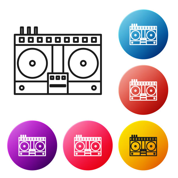 黑线DJ遥控器播放和混合音乐图标隔离在白色背景。配有乙烯基播放器和遥控器的DJ混音器。设置彩色圆形按钮图标。矢量图图片下载
