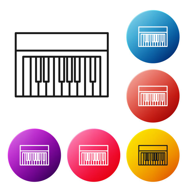 黑线音乐合成器图标孤立在白色背景。电子钢琴。设置彩色圆形按钮图标。矢量图图片下载