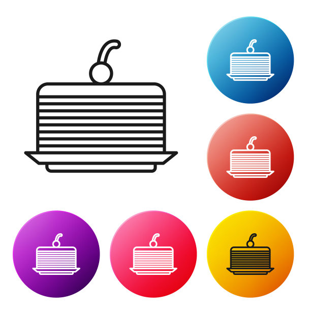 黑色线蛋糕图标孤立在白色背景。生日快乐。设置彩色圆形按钮图标。矢量图图片下载