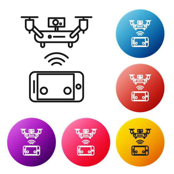 黑线遥控无人机与相机拍照或录像图标孤立在白色背景。设置彩色圆形按钮图标。矢量图图片下载