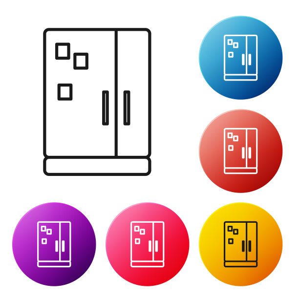 黑线冰箱图标孤立在白色背景。冰箱冷冻冰箱。家用技术和电器。设置彩色圆形按钮图标。矢量图图片下载