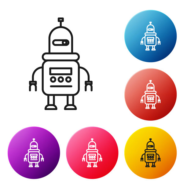 黑线机器人图标孤立在白色背景上。设置彩色圆形按钮图标。矢量图图片下载