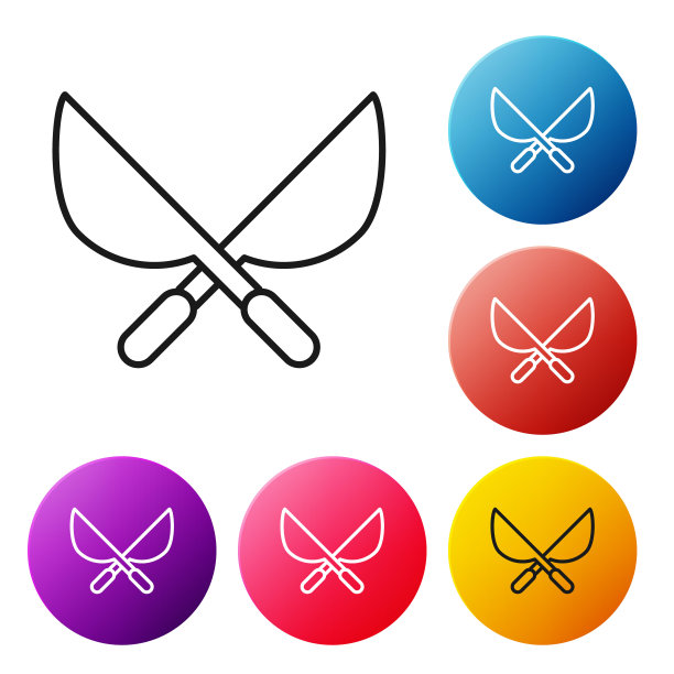 黑色线园艺手工剪刀修剪图标孤立在白色背景。有木柄的修枝剪。设置彩色圆形按钮图标。矢量图图片下载