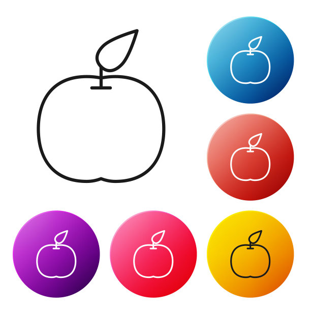 黑线苹果图标孤立在白色背景。水果与叶子的象征。设置彩色圆形按钮图标。矢量图图片下载