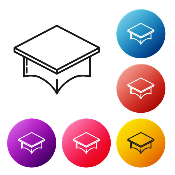 白色背景上孤立的毕业帽图标。带流苏图标的毕业帽。设置彩色圆形按钮图标。矢量图图片下载