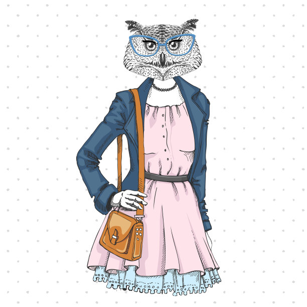 复古潮人时尚动物鸟猫头鹰。女人的模型图片下载