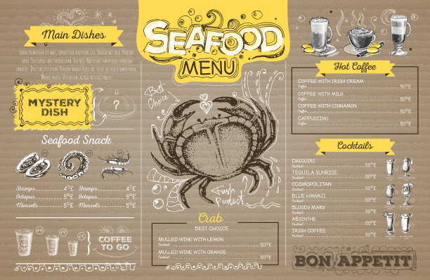 复古海鲜菜单设计在纸板上。餐厅的菜单图片下载