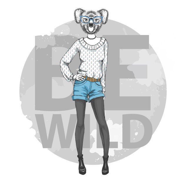 复古潮时尚动物考拉。女人的模型图片下载