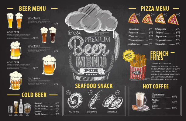 复古粉笔画啤酒菜单设计。餐厅的菜单图片下载