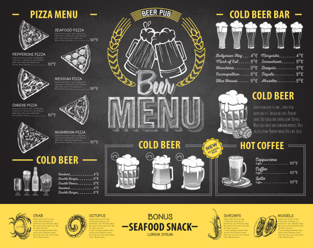 复古粉笔画啤酒菜单设计。餐厅的菜单图片下载