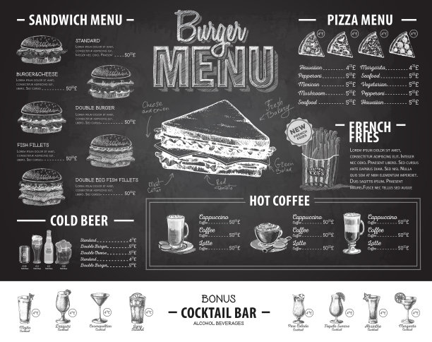 复古粉笔画汉堡菜单设计。快餐菜单图片下载