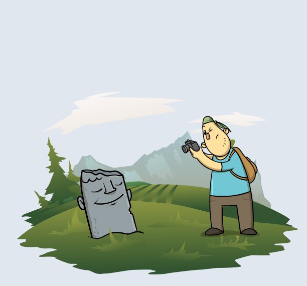 游客在山旁的森林里拍照。平面向量插图。图片下载