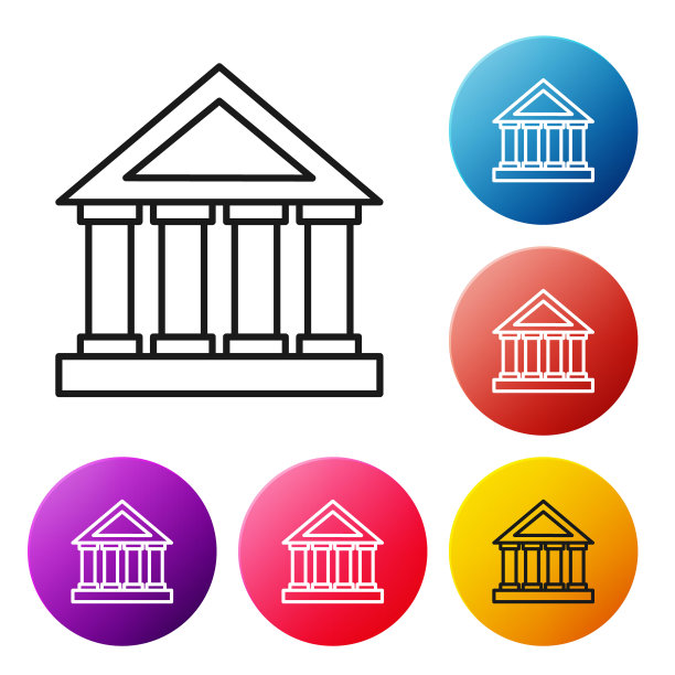 白色背景上孤立的法院大楼图标。建造银行或博物馆。设置彩色圆形按钮图标。矢量图图片下载