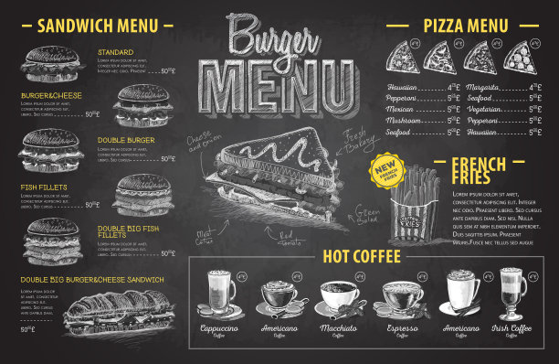 复古粉笔画汉堡菜单设计。快餐菜单图片下载
