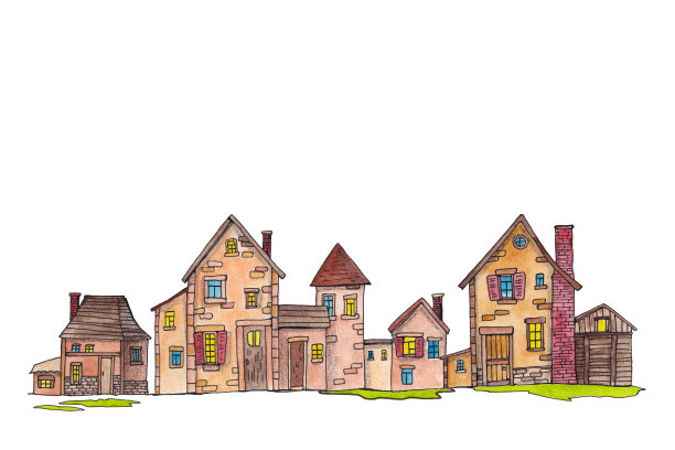 水彩画上有房子和建筑物，很多房子都在城里素材图片