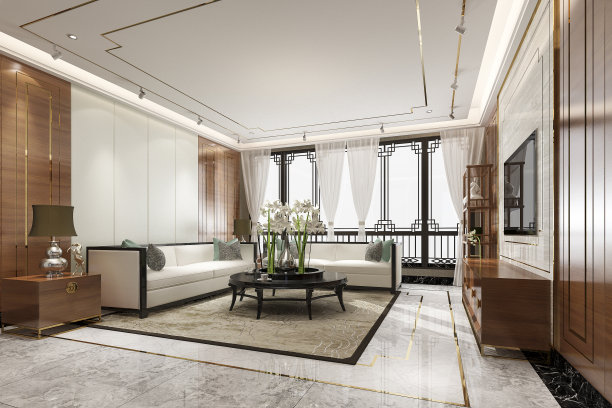 3d渲染豪华和现代客厅中式装饰图片下载