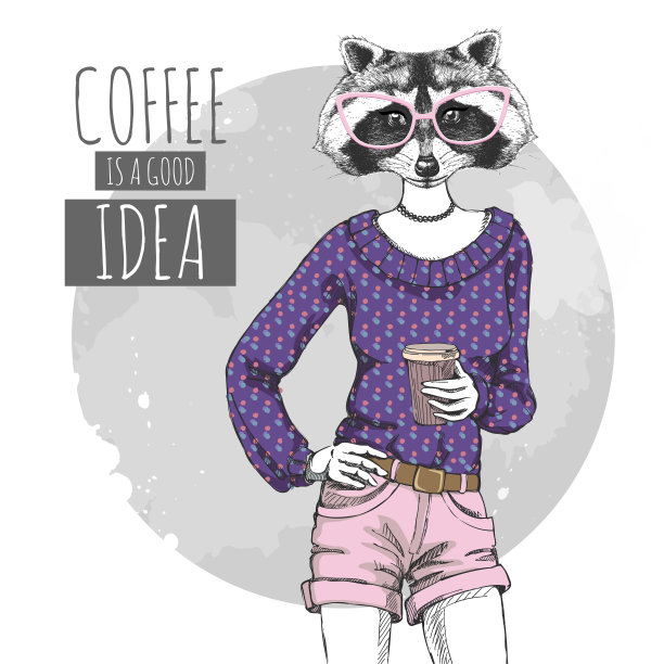复古潮人时尚的动物浣熊配咖啡。女人的模型图片下载