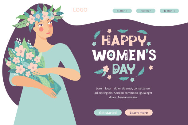 妇女节主题着陆页模板：3月8日网页设计，手捧鲜花的美丽女性，扁平矢量插画，网站应用banner设计图片下载