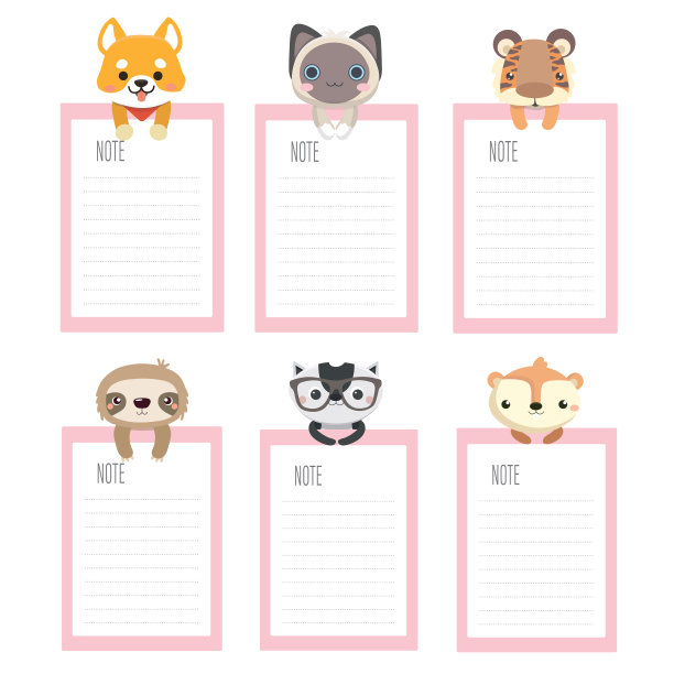 一套设计纸笔记与可爱的动物。图片下载